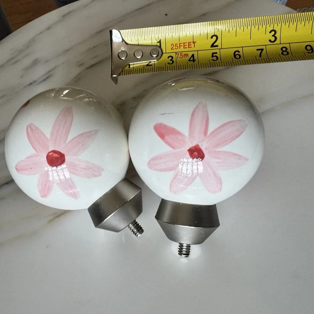 Pottery Barn Curtain Finials: White with Pink Floral Brushed Nickle Threading